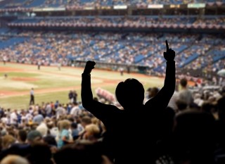 crowd cheering at sports stadium